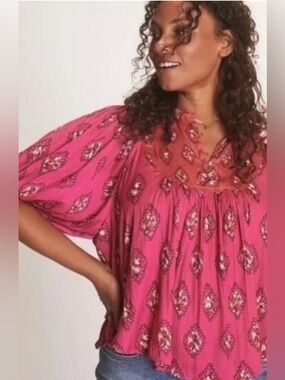 Anthropologie Womens Top Size S Pink Diamond Print Flowy Balloon Bohemian Blouse